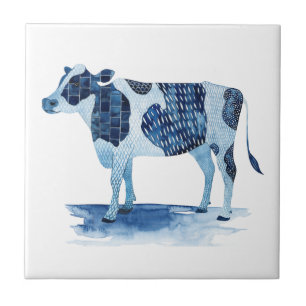 Cobalt Blue Farm Animals - Cow Ceramic Tile