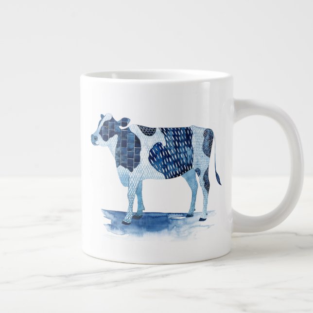 Cobalt Blue Farm Animals - Cow Giant Coffee Mug (Right)