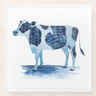 Cobalt Blue Farm Animals - Cow Glass Coaster