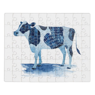 Cobalt Blue Farm Animals - Cow Jigsaw Puzzle