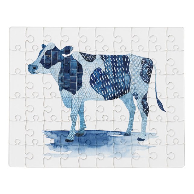 Cobalt Blue Farm Animals - Cow Jigsaw Puzzle (Puzzle Horizontal)