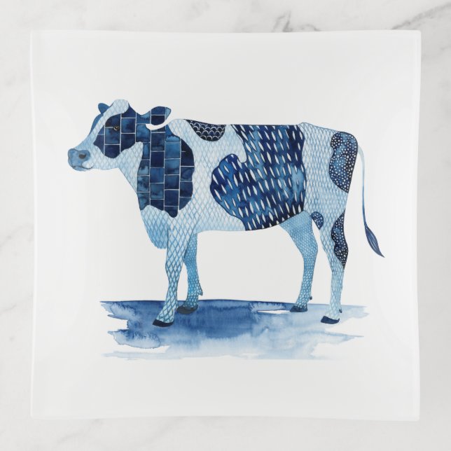 Cobalt Blue Farm Animals - Cow Trinket Tray (Front)