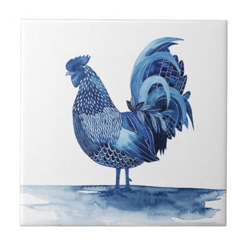 Cobalt Blue Farm Animals _ Rooster Ceramic Tile