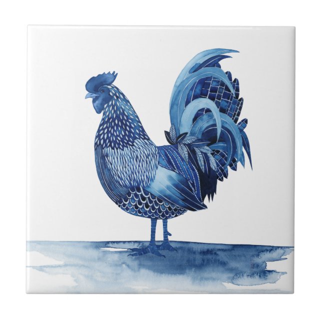Cobalt Blue Farm Animals - Rooster Ceramic Tile (Front)