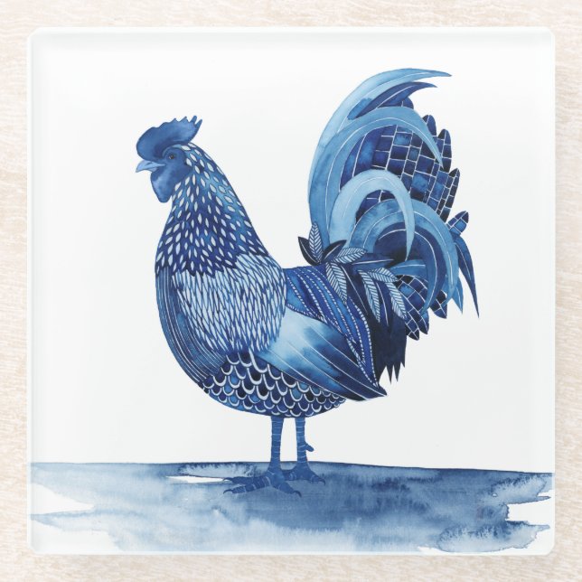 Cobalt Blue Farm Animals - Rooster Glass Coaster (Front)