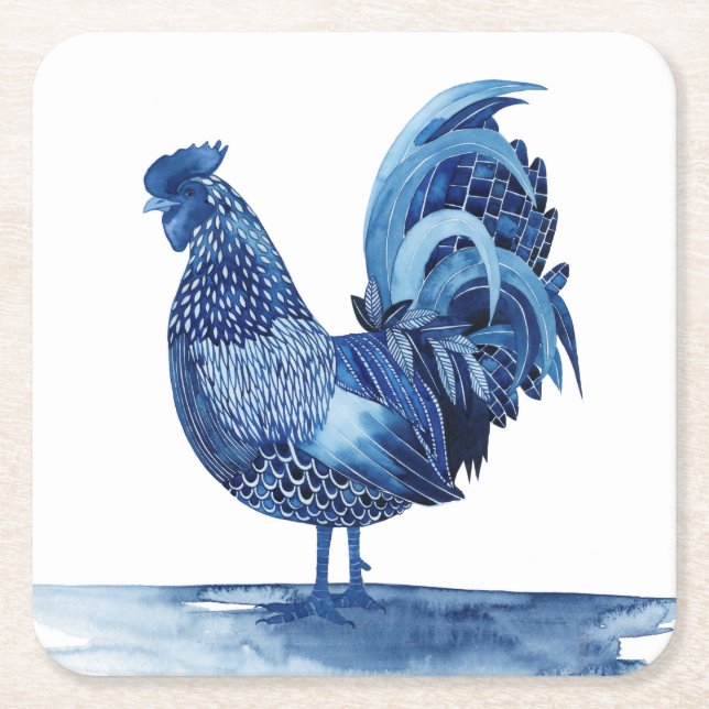 Cobalt Blue Farm Animals - Rooster Square Paper Coaster (Front)