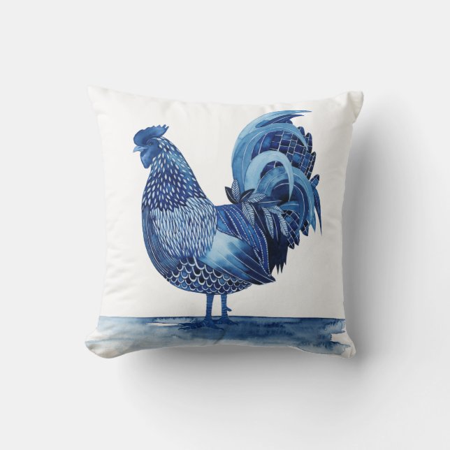 Cobalt Blue Farm Animals - Rooster Throw Pillow (Front)