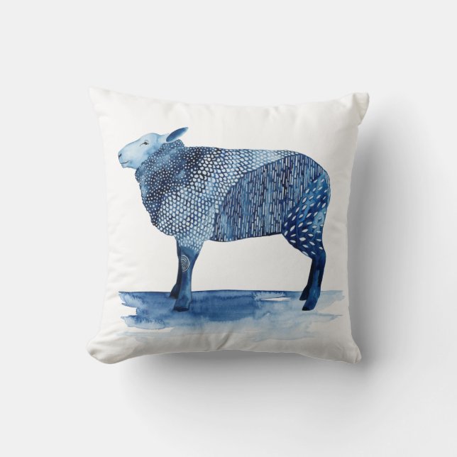 Cobalt Blue Farm Animals - Sheep Throw Pillow (Front)
