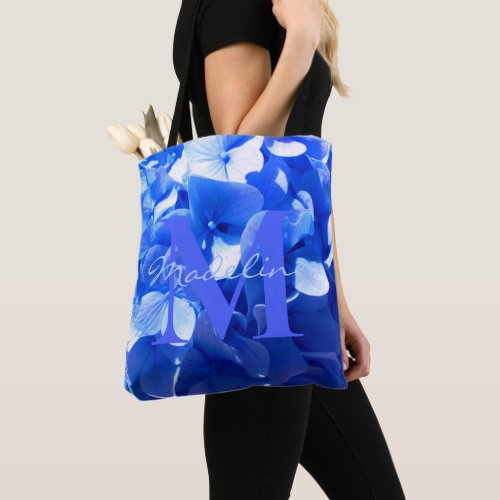 Cobalt blue floral elegant blue calligraphy  tote bag