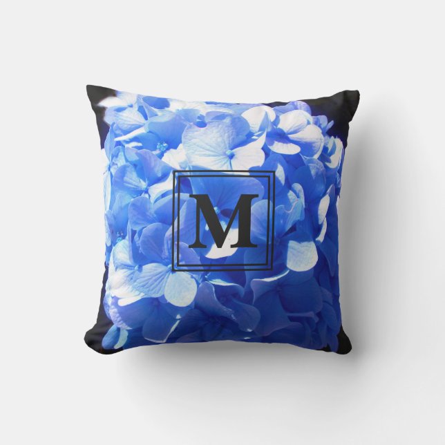 Cobalt blue floral elegant blue hydrangeas  outdoor pillow (Front)