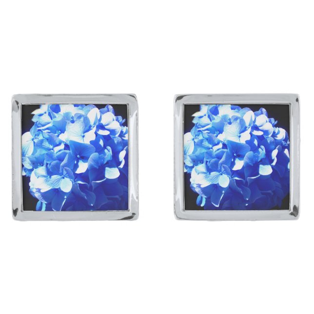 Cobalt blue floral elegant blue hydrangeas  silver cufflinks (Front)