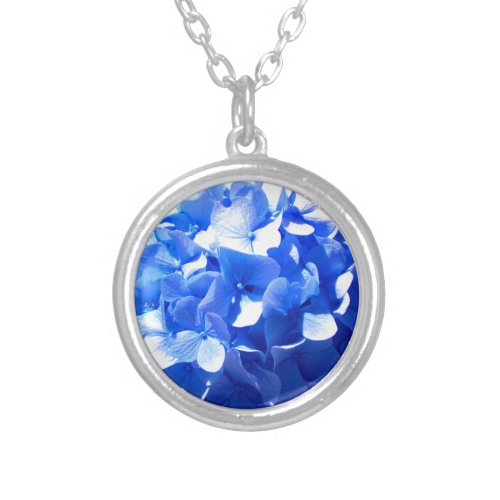 Cobalt blue floral elegant blue hydrangeas  silver plated necklace