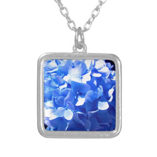 Cobalt blue floral elegant blue hydrangeas  silver plated necklace