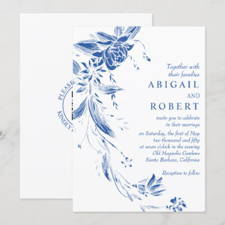 Cobalt blue floral garland QR code wedding Invitation
