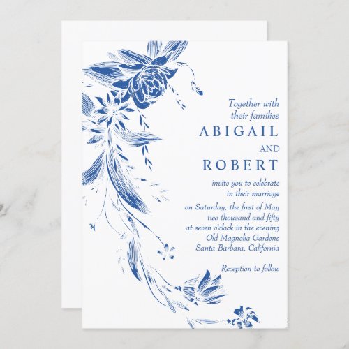 Cobalt blue floral garland QR code wedding Invitation