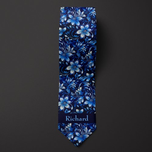Cobalt Blue Floral Monogram Neck Tie