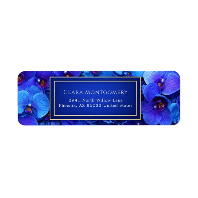 Cobalt Blue Gilded Botanical Orchid Return Address Label (Front)