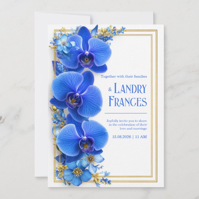 Cobalt Blue Gilded Orchid Botanical Wedding Invitation (Front)