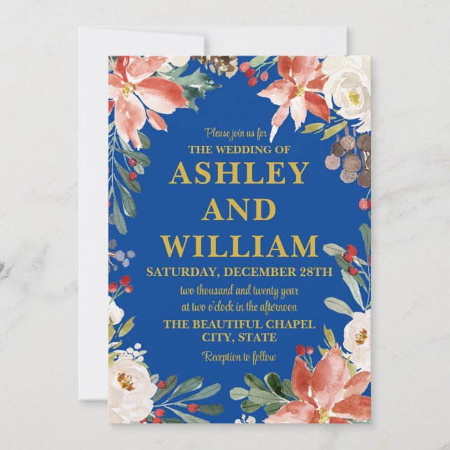Cobalt Blue Gold Christmas Winter Greenery Wedding Invitation (Front)