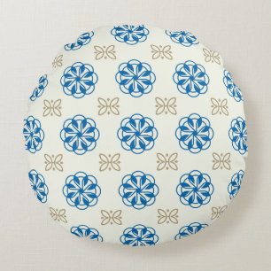 Cobalt Blue & Gold Floral Design Round Pillow