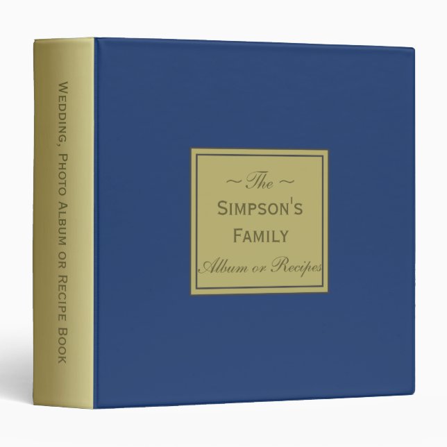 Cobalt Blue & Gold Modern Wedding Album or Recipes 3 Ring Binder (Front/Spine)