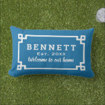Cobalt Blue Greek Key Monogram Welcome Lumbar Pillow<br><div class="desc">A classic white Greek key border frames your family name, established year, and Welcome to Our Home greeting on a bold cobalt blue background. This elegant outdoor lumbar pillow brings a polished, personalized touch to any patio, porch, or outdoor seating area. All text is fully editable to feature your own...</div>