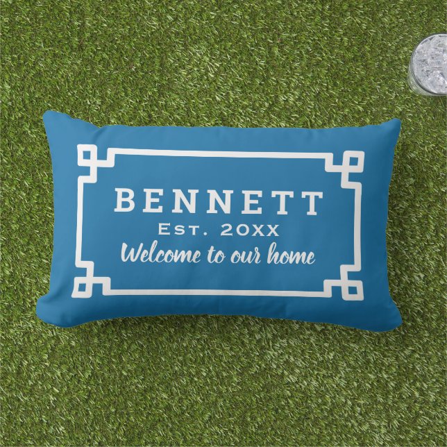 Cobalt Blue Greek Key Monogram Welcome Lumbar Pillow (Grass)