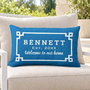 Cobalt Blue Greek Key Monogram Welcome Lumbar Pillow