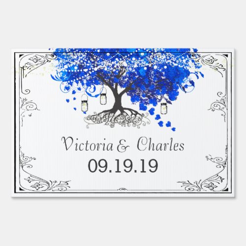Cobalt Blue Heart Leaf Tree Personalized Lawn Sign
