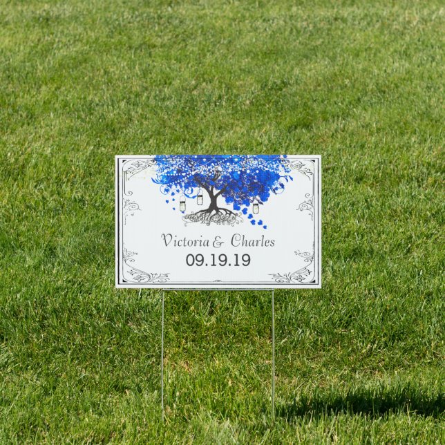 Cobalt Blue Heart Leaf Tree Personalized Lawn Sign (Insitu)