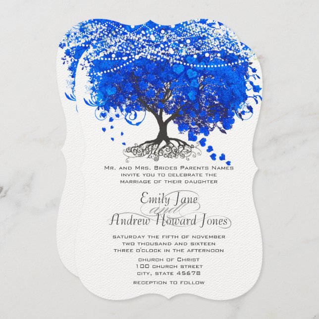 Cobalt Blue Heart Leaf Tree Wedding Invitation (Front/Back)