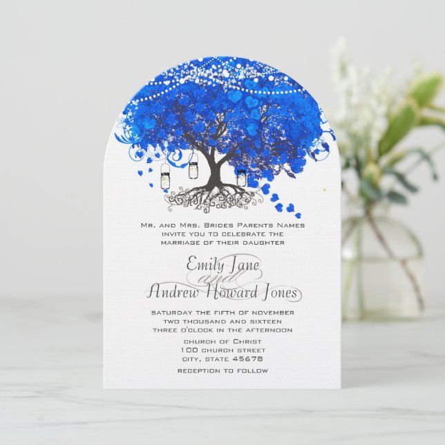 Cobalt Blue Heart Leaf Tree Wedding Invitation (Standing Front)