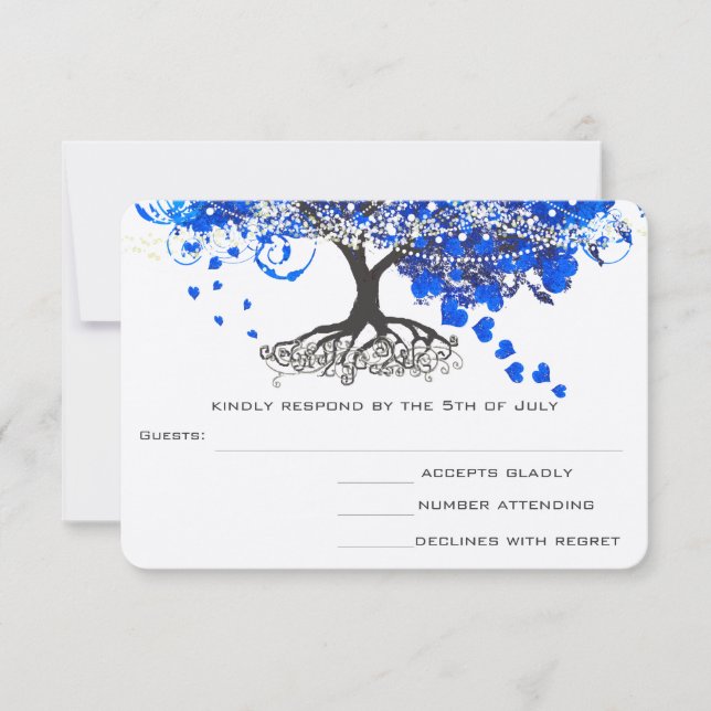 Cobalt Blue Heart Leaf Tree Wedding RSVP Card (Front)