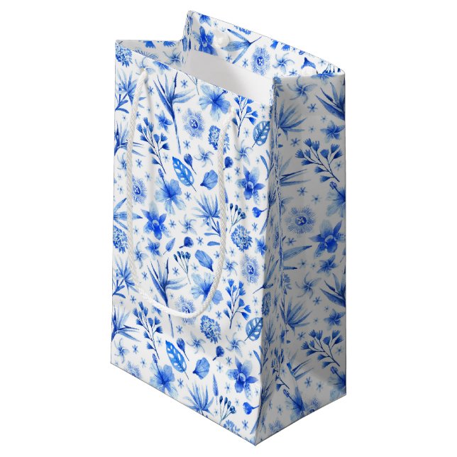 Cobalt Blue Hibiscus Tropic Flowers Leaves Pattern Small Gift Bag (Front Angled)
