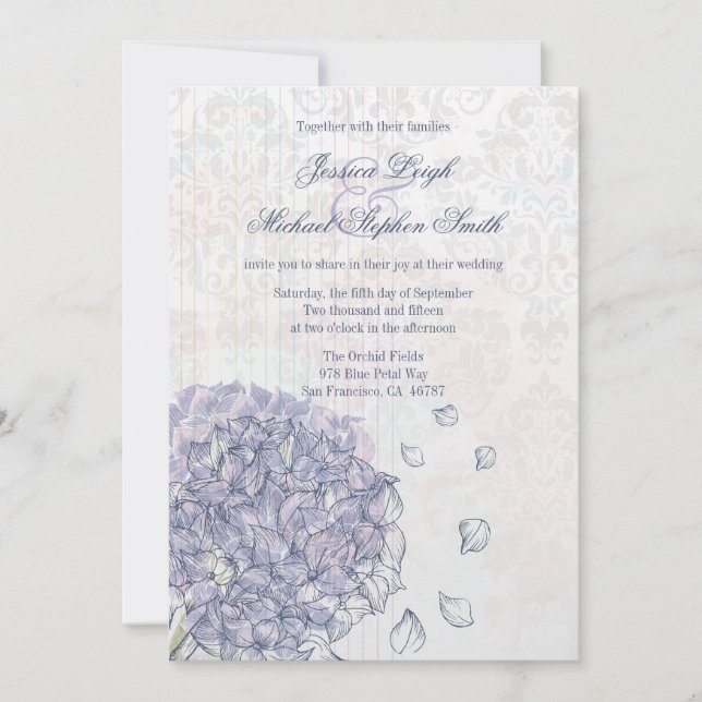 Cobalt blue hydrangea flower wedding invitation (Front)