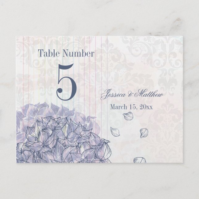 Cobalt blue hydrangea flower wedding table number (Front)