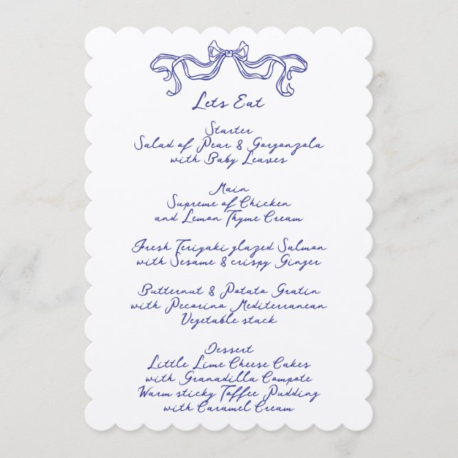Cobalt Blue La Dolce Vita Doodle Ecru Wedding Menu (Front)