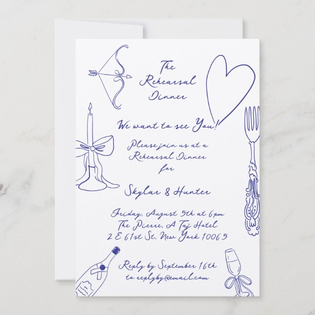 Cobalt Blue La Dolce Vita Ecru Rehearsal Dinner Invitation (Front)