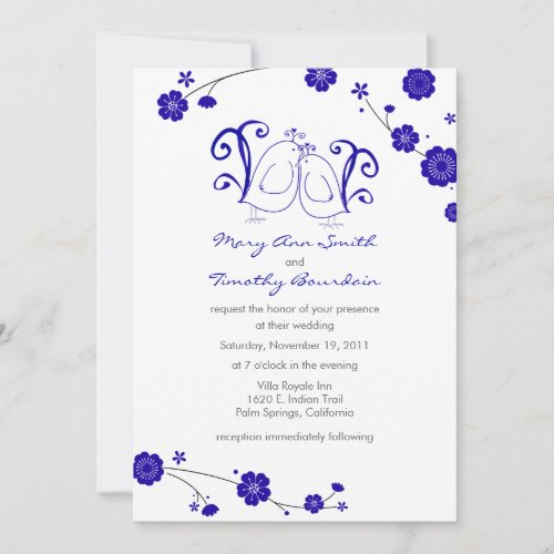 Cobalt Blue, Lovebirds Wedding Invitation