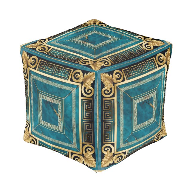 Cobalt Blue Marble Art Deco Greek Floral Seamless Pouf (Angled Back)