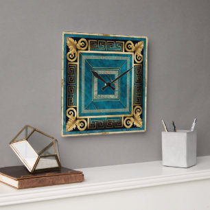 Cobalt Blue Marble Art Deco Greek Floral Seamless Square Wall Clock