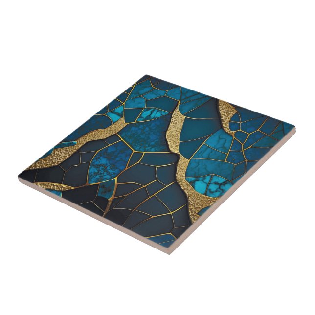 Cobalt Blue Marble Mosaic Gold Inlay Veins Ceramic Tile (Side)
