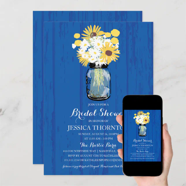 Cobalt Blue Mason Jar Sunflowers Bridal Shower Invitation Zazzle