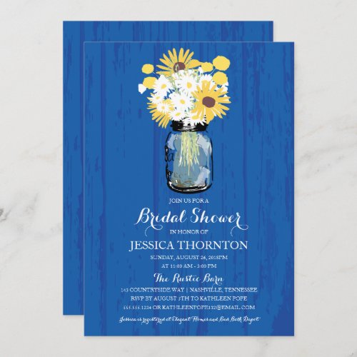 Cobalt Blue Mason Jar Sunflowers  Bridal Shower Invitation