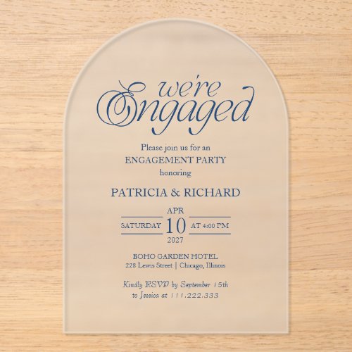 Cobalt Blue Minimalist Arch Engagement Party Acrylic Invitations