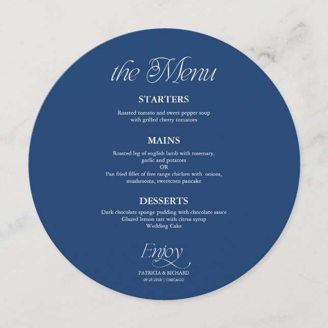 Cobalt Blue Modern Minimalist Circle Wedding Menu (Front)