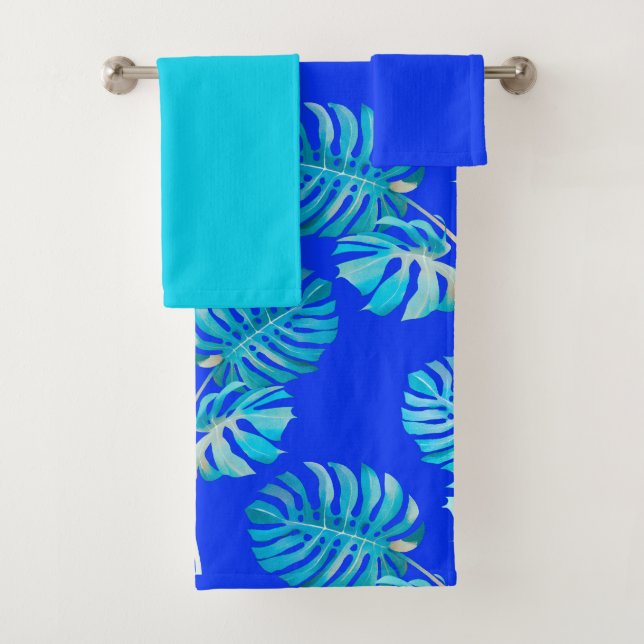 Cobalt Blue Monstera Breeze Bath Towel Set (Insitu)