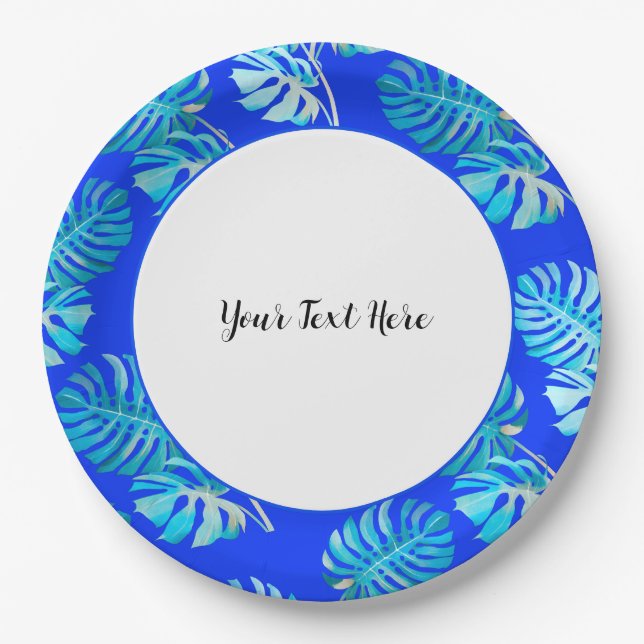 Cobalt Blue Monstera Breeze Paper Plates (Front)