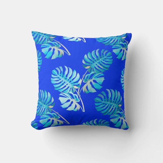 Cobalt Blue Monstera Breeze Throw Pillow (Front)
