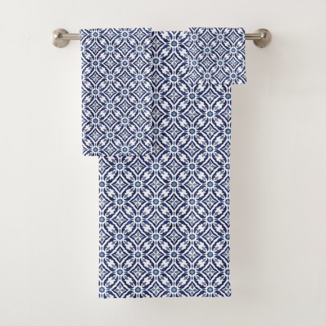 Cobalt Blue Moroccan Tile Pattern Bath Towel Set (Insitu)